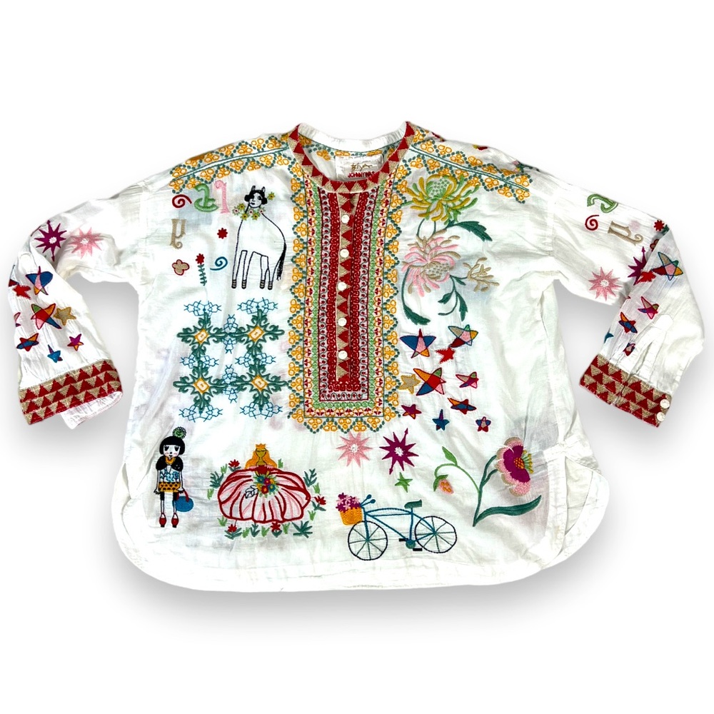 Johnny Was embroidered tunic top / white cotton size S